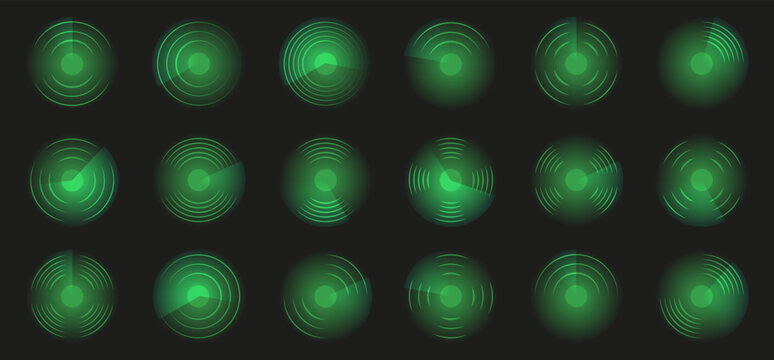 Green radar screen collection with glowing circular signals and rotating scanning sectors