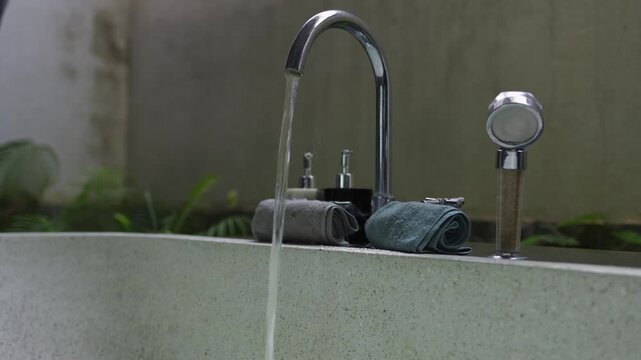 Close up of chrome faucet with clear water running into light stone bathtub in balinese bathroom