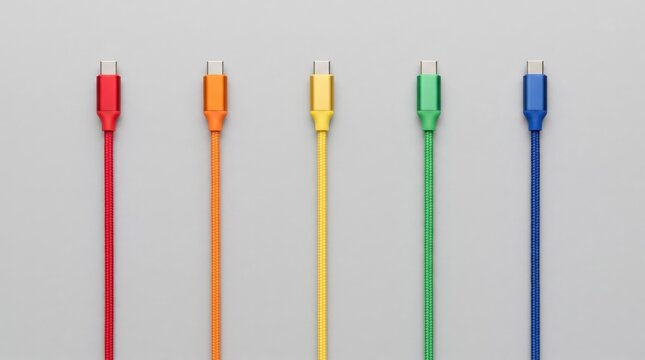 Five colorful USB-C cables arranged vertically on grey background, red orange yellow green blue charging cords, tech accessories, mobile device peripherals, vibrant data transfer