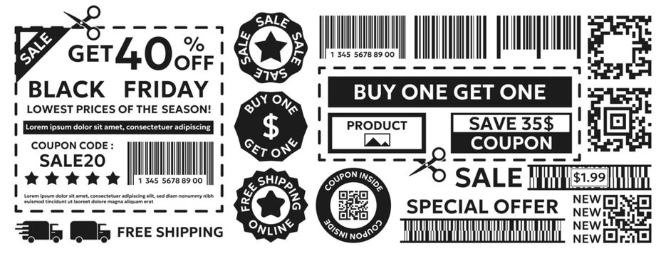 Shopping coupon and sale element collection with barcodes QR codes badges and discounts