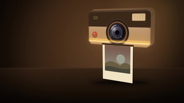 Retro instant camera ejecting a sunset photo close-up seamless loop
