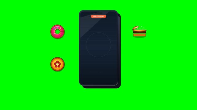 commercial motion graphics of smartphone food ordering where user selects burger from 4 vibrant food options, packs into delivery bag, and completes with bold 24H delivery ready badge 