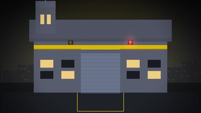 Grey fire station with yellow band and door opening seamless loop