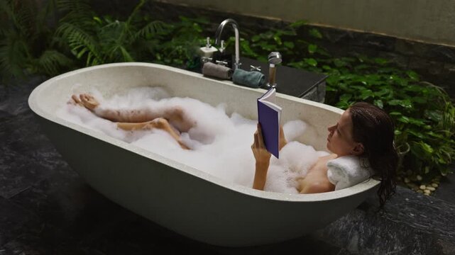Woman relaxing in foam bathtub while reading book in bright balinese style bathroom