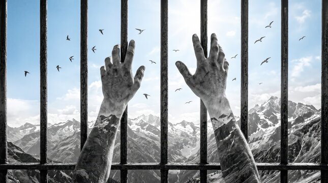 Hands gripping rusty prison bars looking out at snowy mountain landscape with flying birds symbolizing hope freedom desire for release from confinement imprisonment captivity