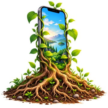 Smartphone emerging from tree roots connecting to nature