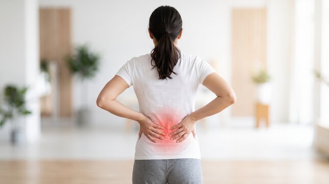 Young woman holding lower back in pain standing indoors, suffering from lumbar strain or injury, red highlight indicating discomfort area, healthcare wellness concept showing