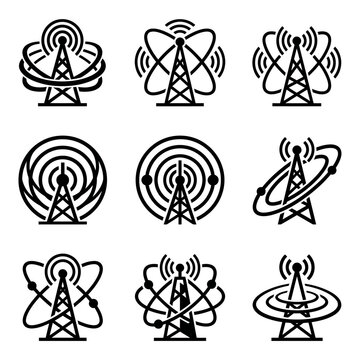 Cell tower communication signal icons set.