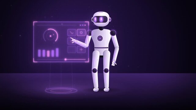 Humanoid robot pointing at violet hologram panel seamless loop