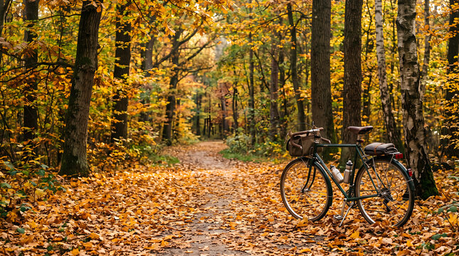 A vintage bicycle parked on a path covered with golden autumn leaves in the forest