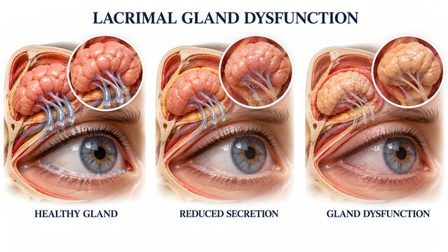 AI generated anatomical diagram of human lacrimal gland dysfunction comparing healthy and reduced tear secretion