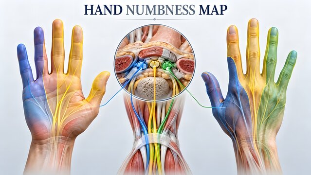 AI generated Hand Numbness Map Anatomical Chart Showing Carpal Tunnel Median Ulnar and Radial Nerve Distribution