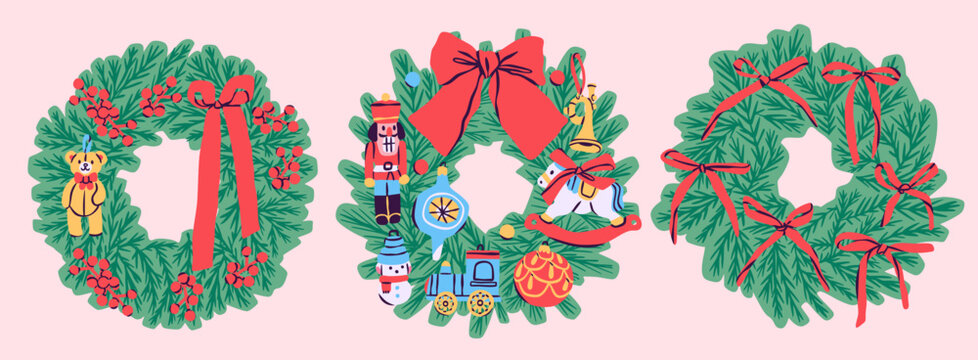 Christmas Wreath set. Green pine, spruce wreath with festive traditional xmas or new year decorations. Toys, red ribbons, berries. Hand drawn trendy Vector illustration. Isolated design elements