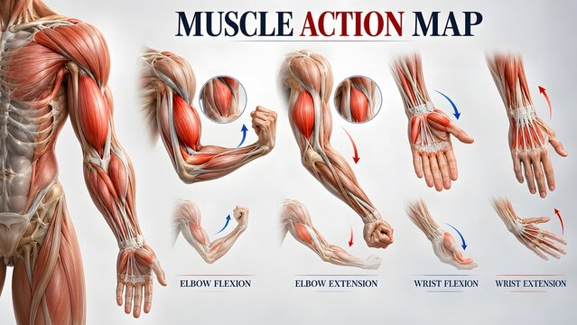 AI generated Muscle Action Map showing human arm anatomy, elbow flexion extension and wrist movement biomechanics chart