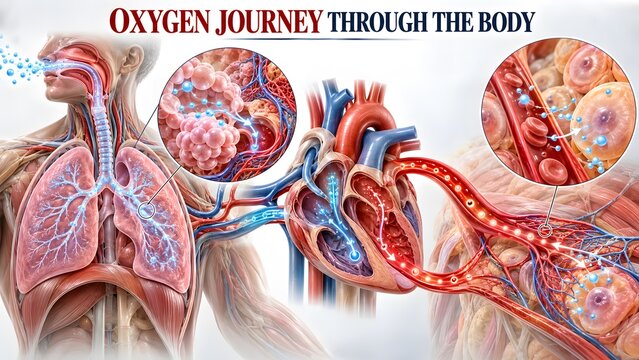 AI generated anatomical diagram showing the oxygen journey from lungs through heart and circulatory system to cells.