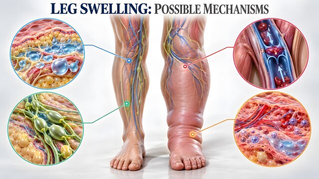 AI generated Leg Swelling Mechanisms Medical Illustration of Edema Lymphedema and Venous Insufficiency