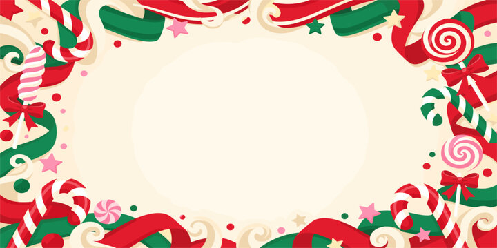Christmas candy cane and ribbon holiday background border frame with christmas background decoration lollipop illustration seasonal celebration greeting template confectionery ornament