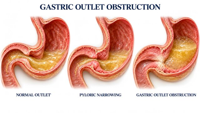 AI generated medical illustration showing gastric outlet obstruction stages from normal to pyloric narrowing