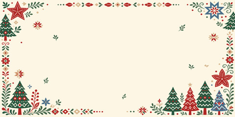 Decorative christmas folk art frame with colorful trees and stars christmas scandinavian illustration ornamental seasonal greeting template background decoration colorful botanical © m