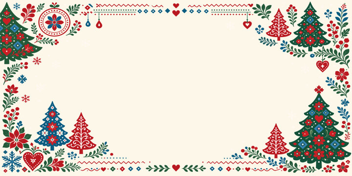 Folk art style christmas border with evergreen trees and floral patterns christmas traditional ornamental decoration background template illustration embroidery greeting invitation seasonal