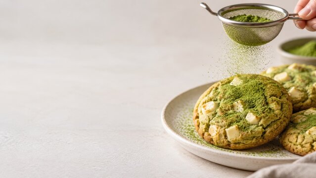 Freshly baked soft cookie with white chocolate chunks being dusted with green matcha powder
