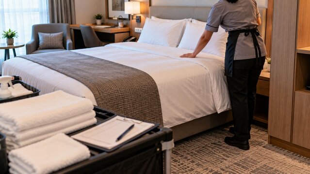 Hotel Housekeeper Checking Freshly Made Bed