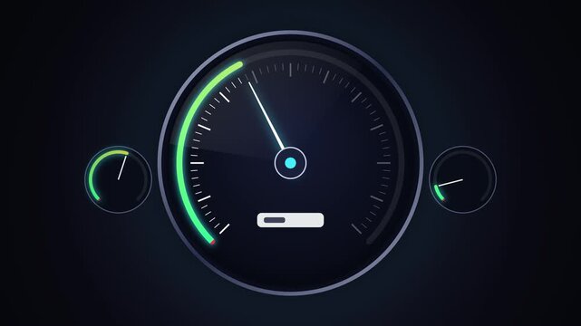 Digital speedometer dial accelerating on dark dashboard background