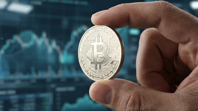Bitcoin Cryptocurrency Coin Held In Hand With Trading Chart Markets 4k