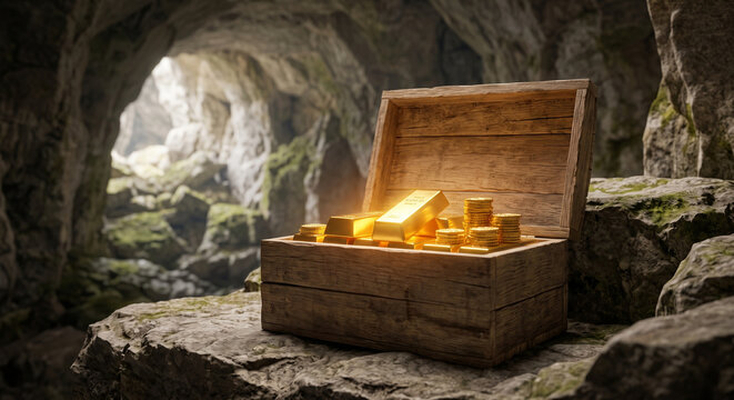 Open wooden treasure chest filled with glowing gold bars and coins hidden in a rocky cave