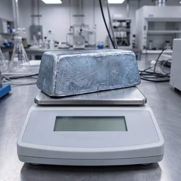 Cobalt metal ingot on digital scale in material science laboratory