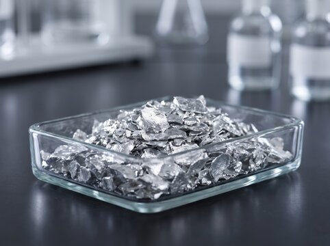 Metallic Silver Flakes in a Glass Dish on a Laboratory Bench