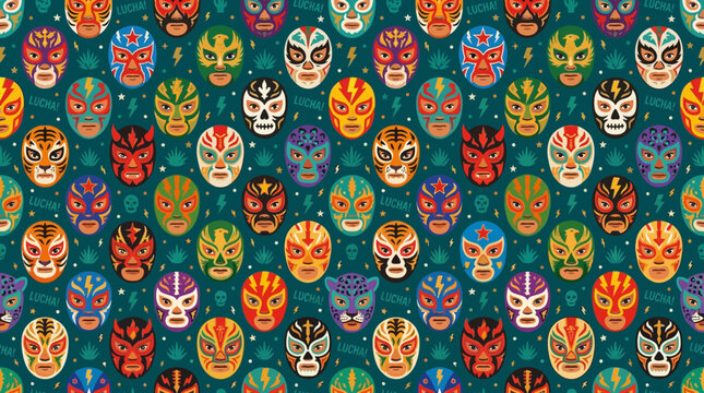 Vibrant Mexican Lucha Libre Masks Seamless Pattern Celebrating Cultural Wrestling Tradition