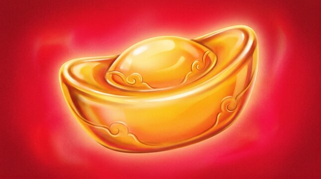 3D illustration of a traditional Chinese gold sycee ingot on a vibrant red background, symbol of wealth and prosperity for Lunar New Year