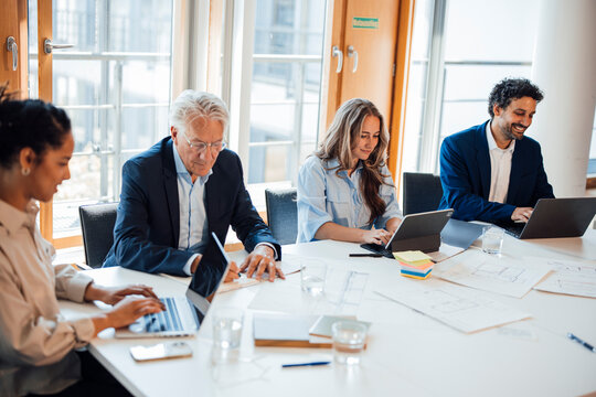 Business colleagues work on laptops at the office table