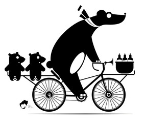 Female bear rides a bicycle with two bear cubs. Black and white © bigmen