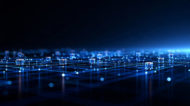 Abstract blockchain technology background with futuristic decentralized network architecture, interconnected digital blocks, glowing nodes and connecting lines, distributed ledger