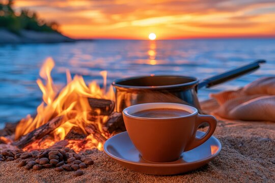 Warm fire crackles beside coffee cup on beach