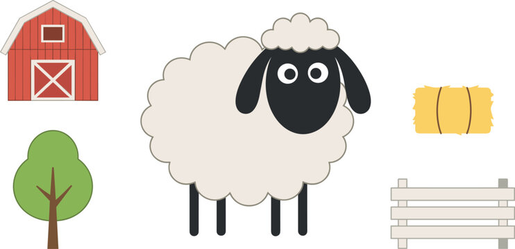 Cute cartoon farm sheep vector element set with isolated barn house tree fence and hay bale on white background for nursery decoration templates