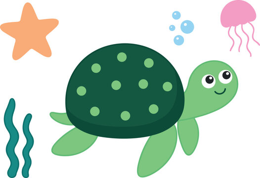 Cute cartoon sea turtle vector element set with isolated jellyfish starfish bubbles and seaweed on white background for nursery room decoration templates