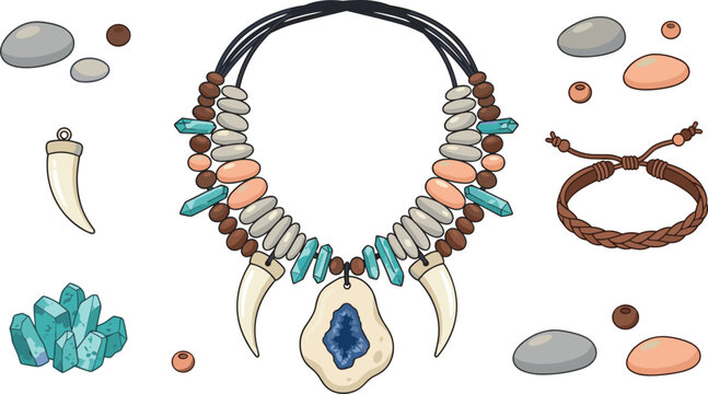 Hand drawn tribal necklace and bohemian jewelry vector element set with isolated crystals beads and leather bracelet on white background for ethnic designs