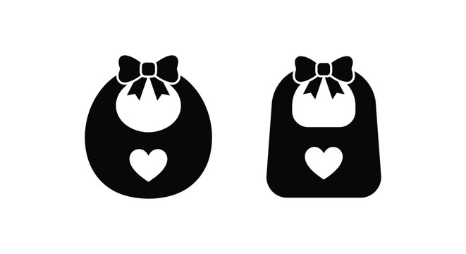 Black silhouette of baby bibs with heart and bow details on a white background bib