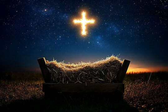 Silhouette of a rustic wooden manger filled with hay under a glowing golden cross in starry sky