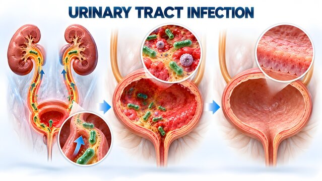 AI generated medical illustration of urinary tract infection UTI showing bacteria in the bladder and kidneys