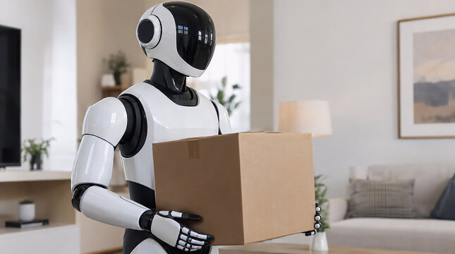 Humanoid Robot Delivering Cardboard Box at Home