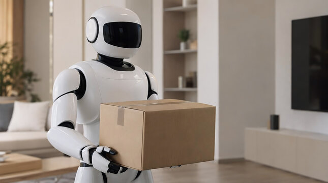 Humanoid Robot Delivering Cardboard Box at Home