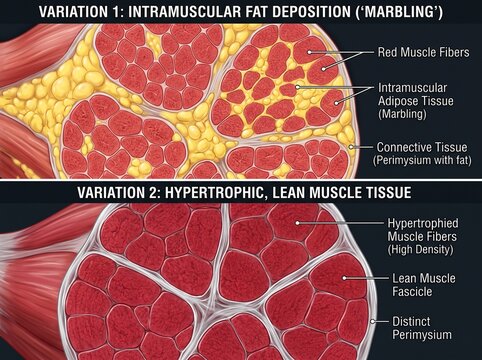 Scientific illustration comparing intramuscular fat deposition versus hypertrophic lean muscle tissue structure.