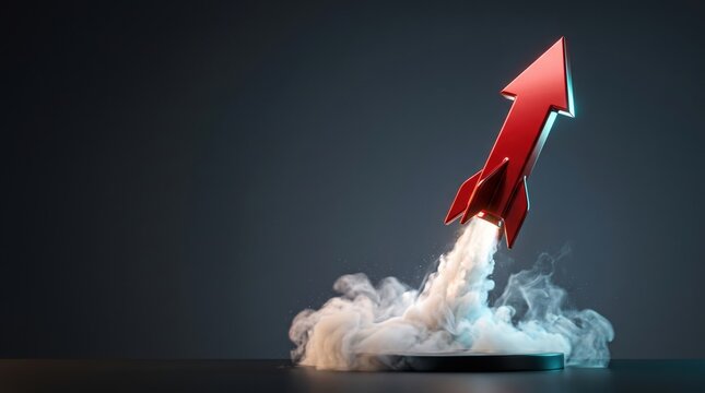 Red 3D rocket taking off with heavy smoke clouds representing successful business startup and rapid growth