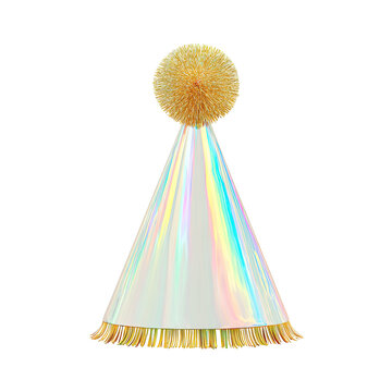 Holographic party hat with golden pompom and fringe Isolated on transparent background