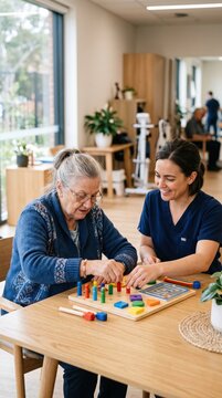 Smiling female nurse playing a cognitive board game with an elderly woman in a nursing home
