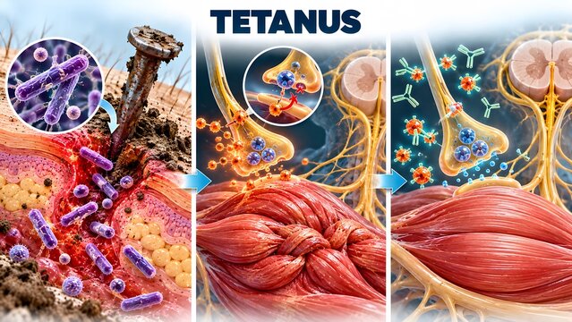 AI generated medical illustration of tetanus infection, clostridium tetani bacteria, and nervous system impact